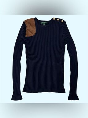 Lauren by Ralph Lauren Ribbed Stretch Knit Sweater Faux Leather Navy Medium